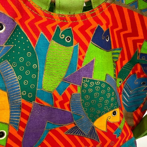 Laurel Burch Fish Print Canvas Handbag With Bamboo Handles & Detachable Strap - Picture 6 of 13